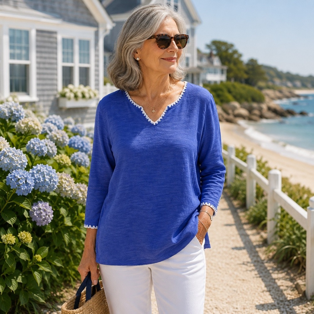 Talbots Petites Blue Cotton Linen Slub‎ Split Neck Rickrack Trim Top MP IDO04875